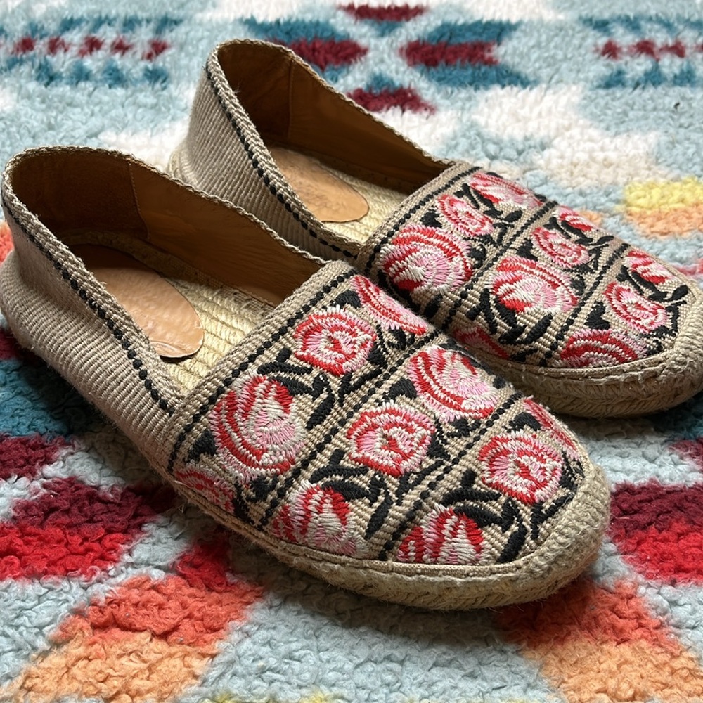 Prada rose embroidered canvas espadrilles